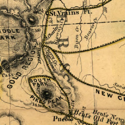 1859 map showing Pikes Peaks altitude as 14,500.