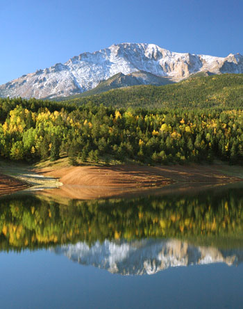 Reflections of Pikes Peak in Crystal Reservoir.