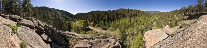 View of the Pikes Peak Highway from a trail above Crowe Gulch Picnic Area.