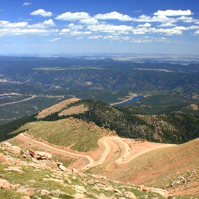 The Switchbacks viewed from above on the Pikes Peak Highway.